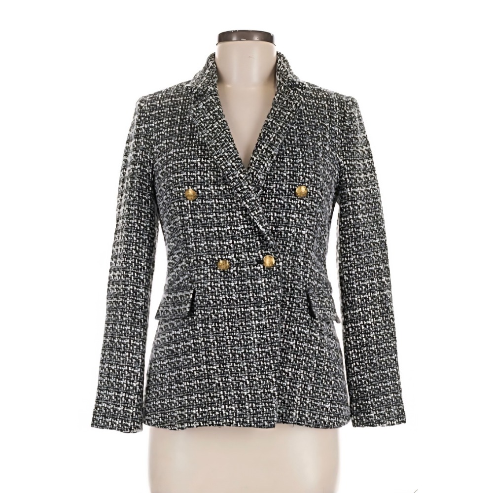 Nanette Lepore Black White Tweed Double Breasted Blazer Gold Buttons 12 NWT